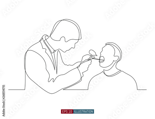 Continuous line drawing of doctor and patient. Hospital scene. Template for your design works. Vector illustration.