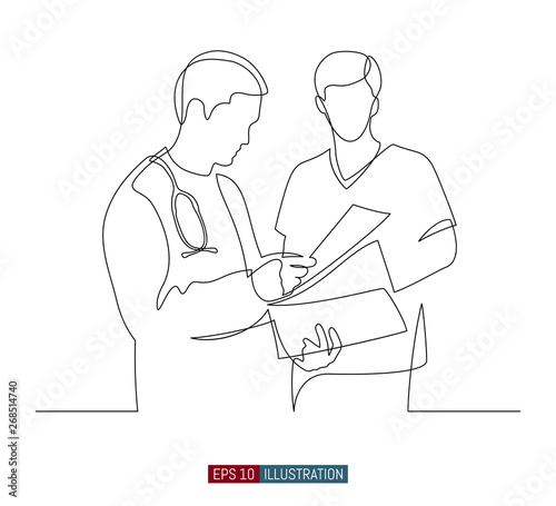 Continuous line drawing of two doctors dialog. Hospital scene. Template for your design works. Vector illustration.