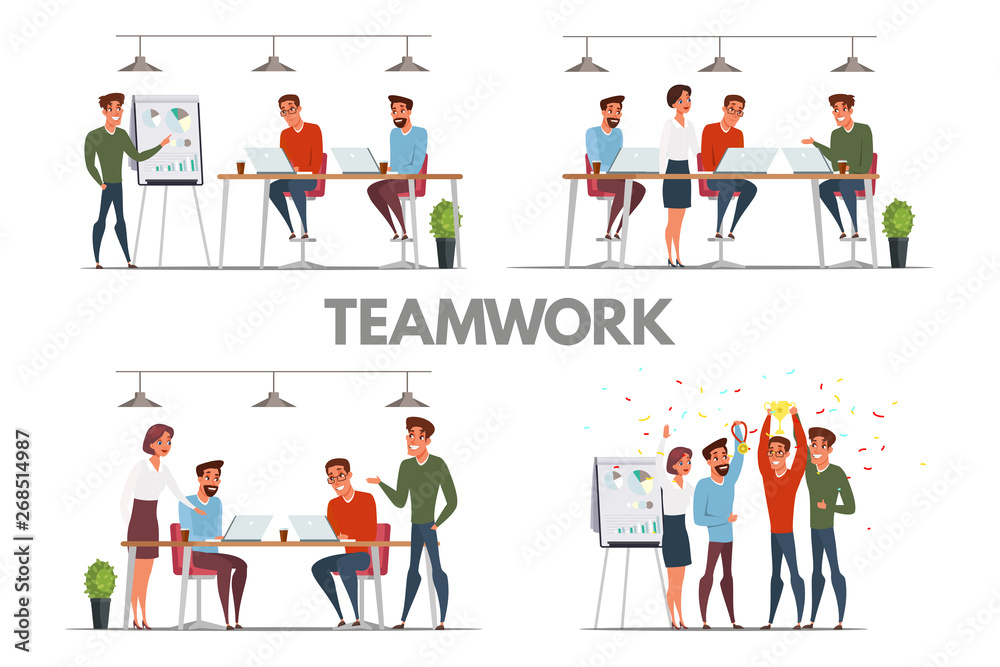 Teamwork, team building flat illustrations set