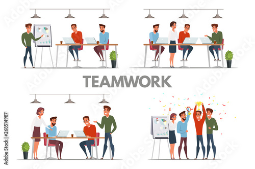 Teamwork, team building flat illustrations set