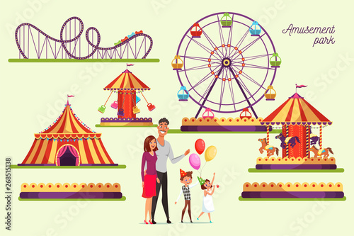 Amusement park attractions illustrations set