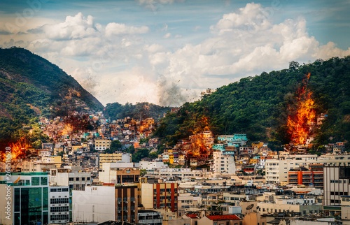 Fire at favelas in Rio de Janeiro, Brazil - digital manipulation photo