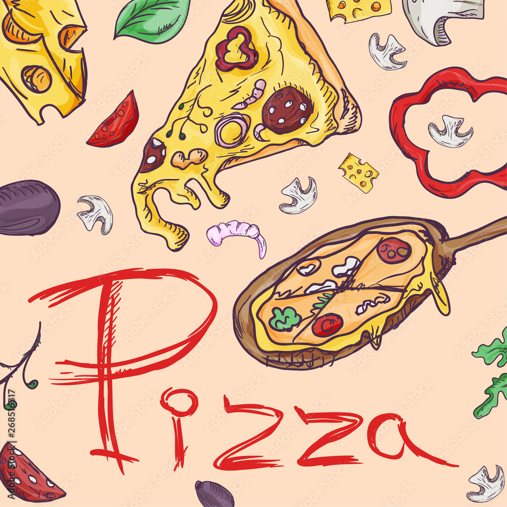 contour color cover_14_background illustration, on the theme of Italian cuisine pizza, for decoration and design sticker of ingredients contour color cover_14_background illustration, on the theme of Italian cuisine pizza, for decoration and design sticker of ingredients