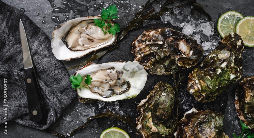 Fresh opened oysters with lemon, spices, salt, a knife and seaweed on slate stone background. Seafood, Shellfish, top view, flat lay, copy space