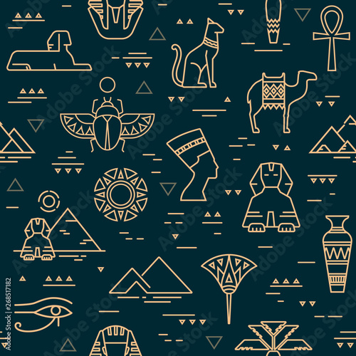 Dark seamless pattern of symbols, landmarks, and signs of Egypt from icons in a linear style.