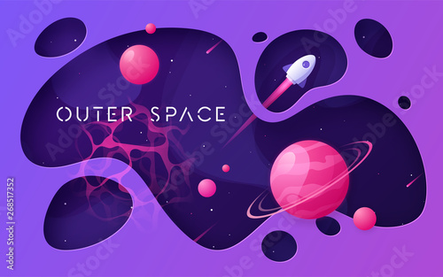 Colorful cartoon outer space background, design, banner, artwork. 