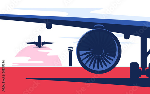 Flat style vector illustration of the airliner at the airport