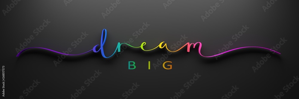 Plakat DREAM BIG 3D render pędzla kaligrafii z gradientem tęczy na czarnym tle