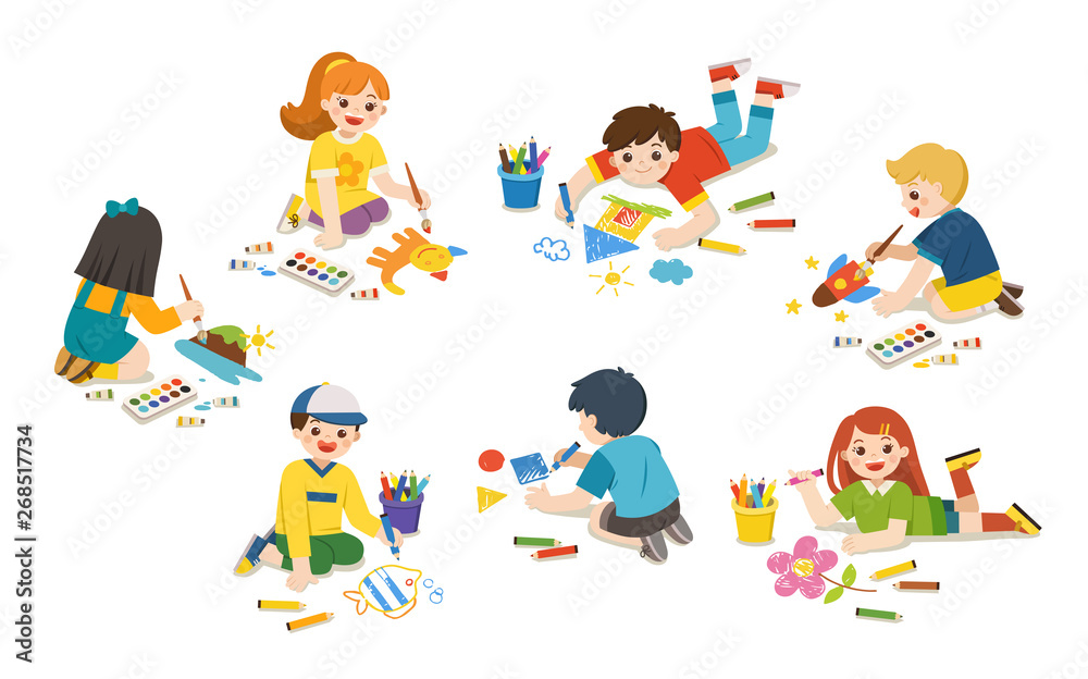 Happy Children draw pictures pencils and paints on floor. Back to School. Group of Art kids. Isolated vector.