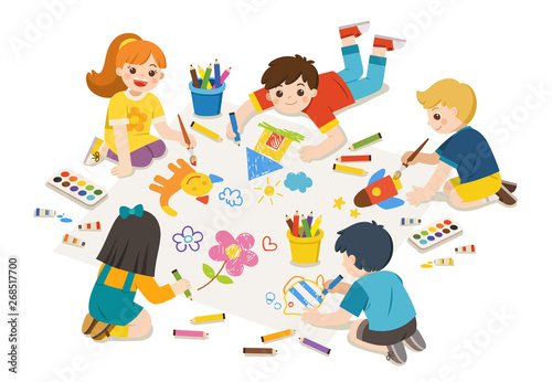 Happy Children draw pictures pencils and paints on floor. Back to School. Group of Art kids. Isolated vector.