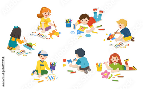 Happy Children draw pictures pencils and paints on floor. Back to School. Group of Art kids. Isolated vector.