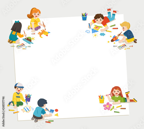 Cute children have fun and ready to get painting together. Template for advertising brochure. Children look up with interest. Art kids. Back to School.
