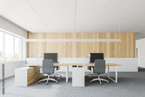 Wooden and white open space office interior