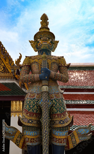 Wat Phra Kaew or Temple of Emerald Buddha, Guardian statues and Grand palace located within the grounds of the Grand Palace in Bangkok is Thailand’s most sacred temple and pilgrimage site for Thai © Weerayuth