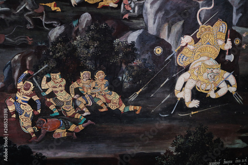 Fotografie Bangkok, Thailand - May 18, 2019: The Ramakian (Ramayana) mural paintings along
