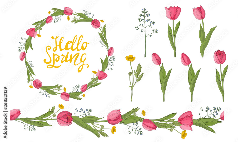 A wreath of tulips and spring herbs with the inscription. Suitable for postcards and invitations.