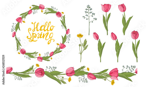 A wreath of tulips and spring herbs with the inscription. Suitable for postcards and invitations.