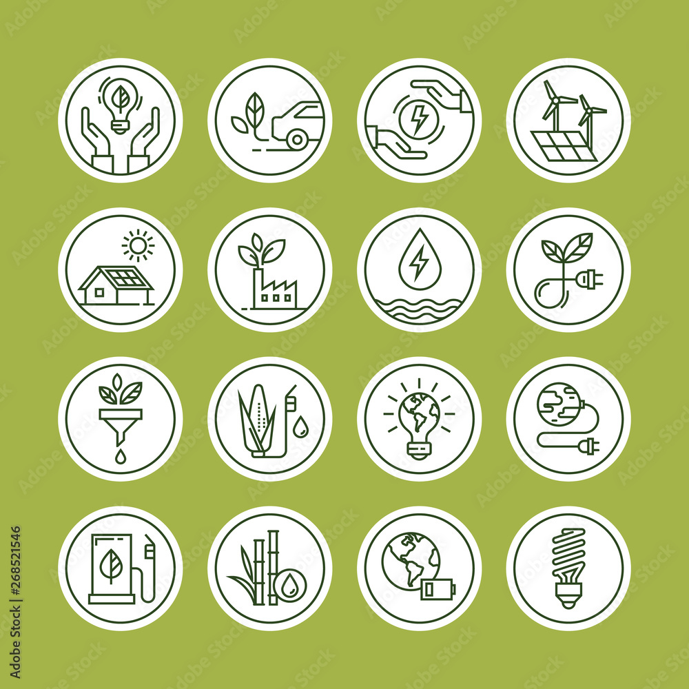 Monochrome icon set of icons relating to the production and distribution of green energy, white background. Icon set in line style.