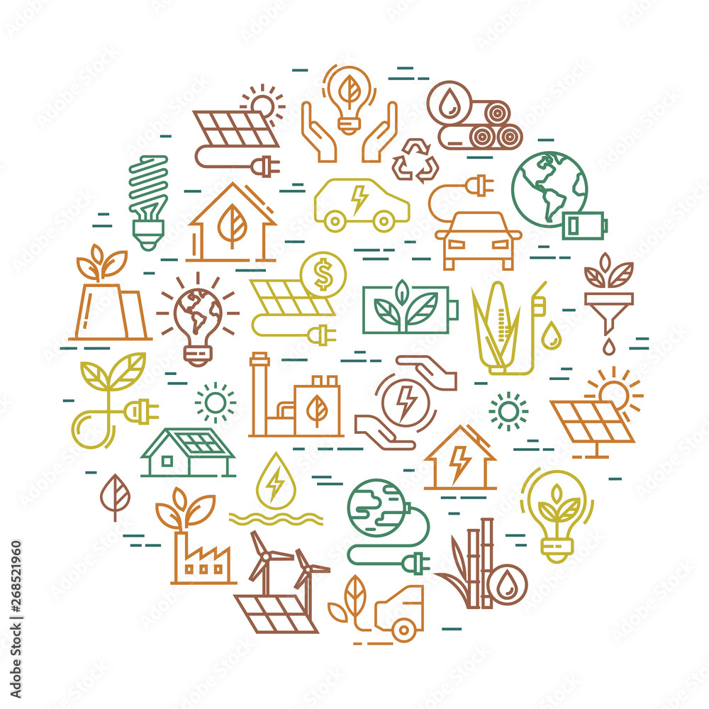 Vector Illustration of Green Power and Environment Objects. Green and alternative energy illustration. Vector round creative alternative energy sources sign. Ecology flat Icon Circle Design.