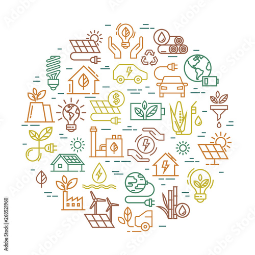 Vector Illustration of Green Power and Environment Objects. Green and alternative energy illustration. Vector round creative alternative energy sources sign. Ecology flat Icon Circle Design.