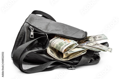 Full backpack of money on white background.