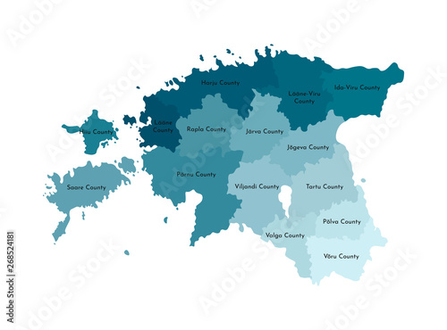 Vector isolated illustration of simplified administrative map of Estonia. Borders and names of the regions. Colorful blue khaki silhouettes