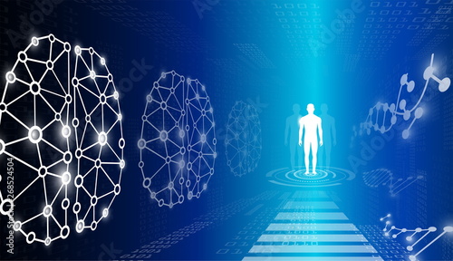 abstract background technology concept in blue light,brain and human body heal ,technology modern medical science in future and global international medical with tests analysis clone DNA human