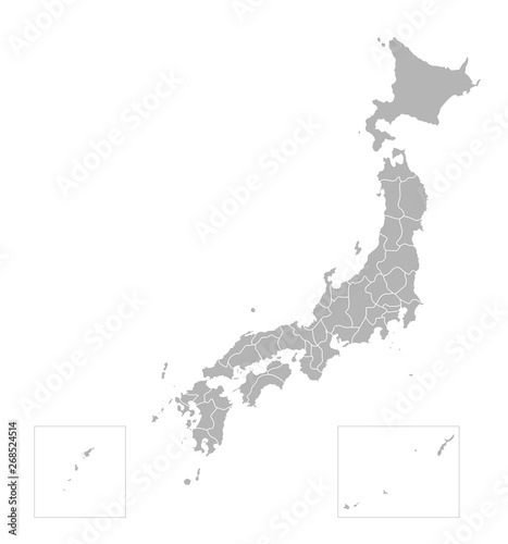 Vector isolated illustration of simplified administrative map of Japan. Borders of the prefectures (regions). Grey silhouettes. White outline