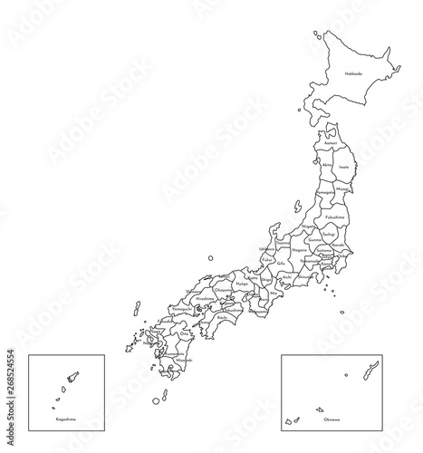 Vector isolated illustration of simplified administrative map of Japan. Borders and names of the prefectures. Black line silhouettes