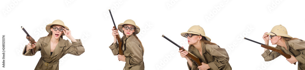 Woman wearing safari hat on white Woman wearing safari hat on white