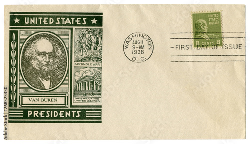 Washington D.C., The USA  - 11 August 1938: US historical envelope: cover with cachet portrait of 8th President Martin Van Buren, green postage stamp  1837 - 1841, eight cents, first day of issue