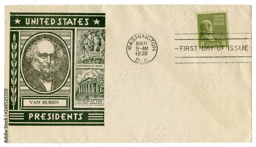 Washington D.C., The USA  - 11 August 1938: US historical envelope: cover with cachet portrait of 8th President Martin Van Buren, green postage stamp  1837 - 1841, eight cents, first day of issue photo