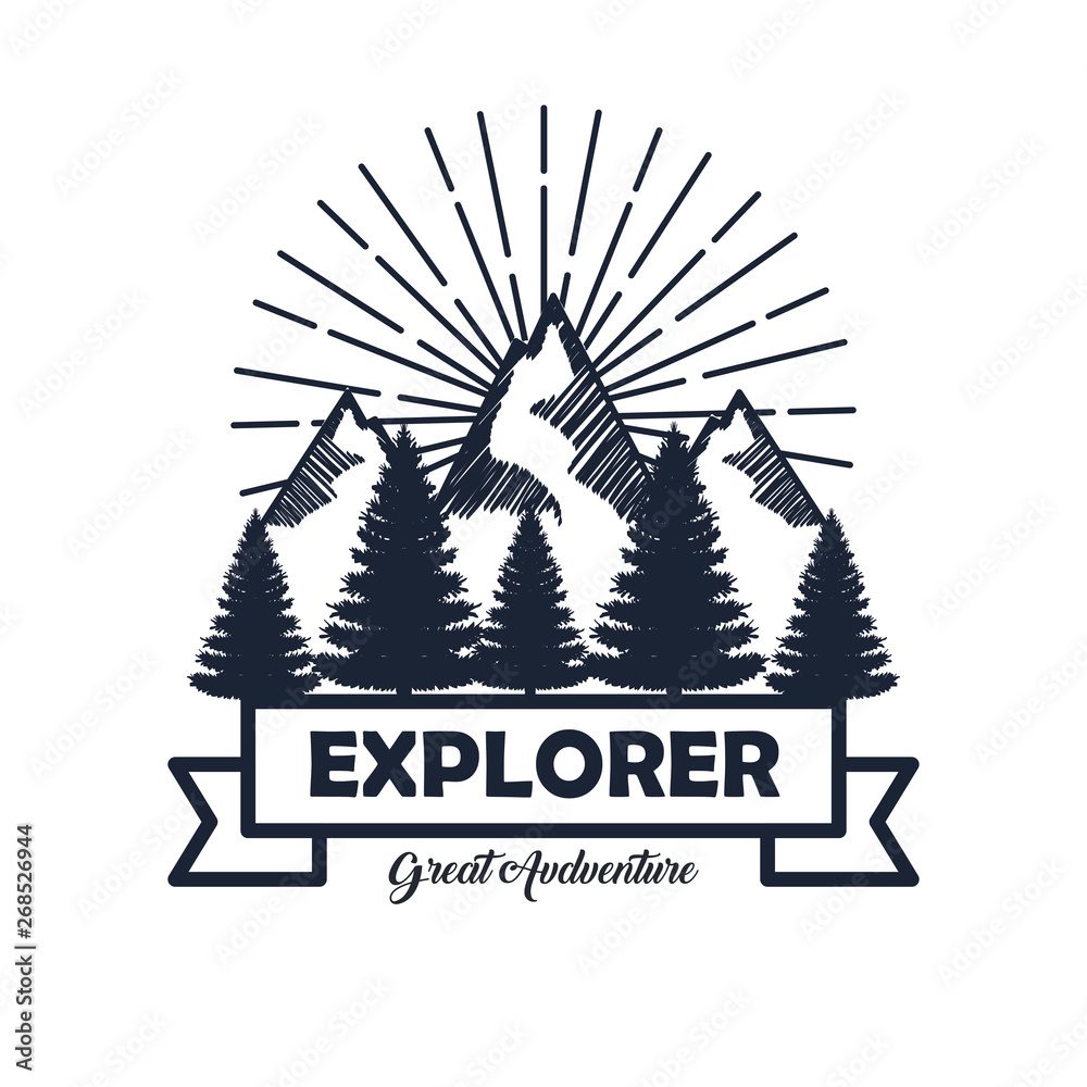 snowy mountains with pines trees and ribbon to wanderlust explorer