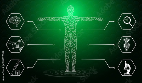 abstract background technology concept in green light,human body heal,technology modern medical science in future and global international medical with tests analysis clone DNA human