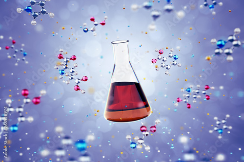 Chemical Levitation. Laboratory tube filled with a colored liquid and levitating among the models of organic molecules. 3D rendering graphics.