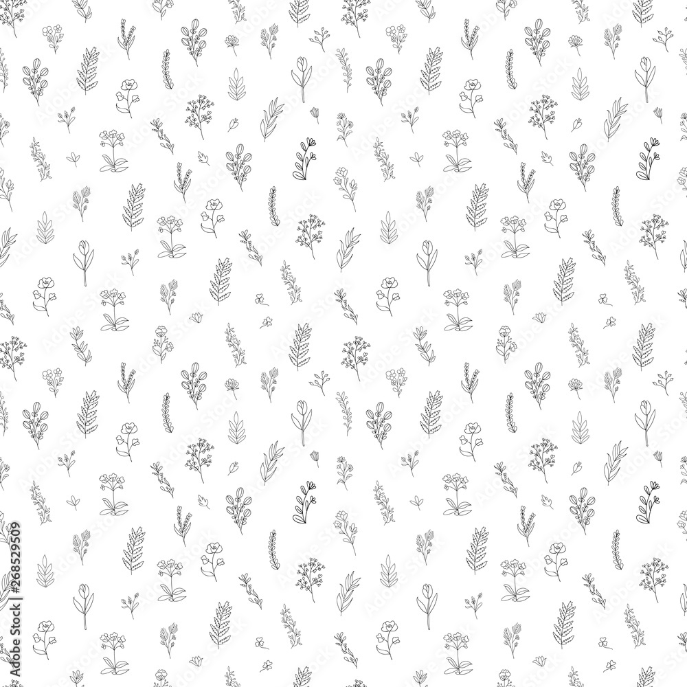 Hand drawn floral branches seamless pattern, black flowers on white background.. Hand drawn floral branches seamless pattern, black flowers on white background..