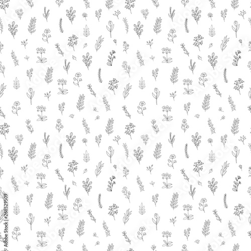 Hand drawn floral branches seamless pattern  black flowers on white background..