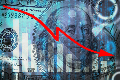 Arrow down from the elements of dollar bills The concept of the global financial crisis, problems in the economy and the trend of falling