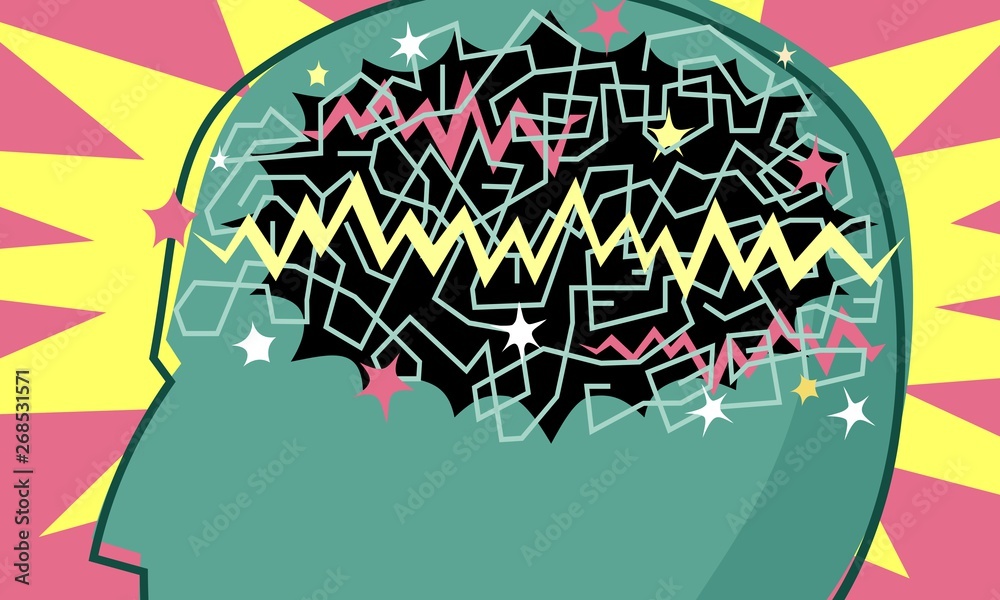 brainstorm confusion thinking head with scribbles stars and sparks for mental health crisis or epilepsy illustration brainstorm confusion thinking head with scribbles stars and sparks for mental health crisis or epilepsy illustration