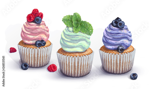 Set of vector cupcakes. A crumbly, gentle wet biscuit with a colorful soft air cream cheese ,mint-flavored, with juicy fresh blueberry, raspberry, mint. Paper got wet from the juiciness of the cake