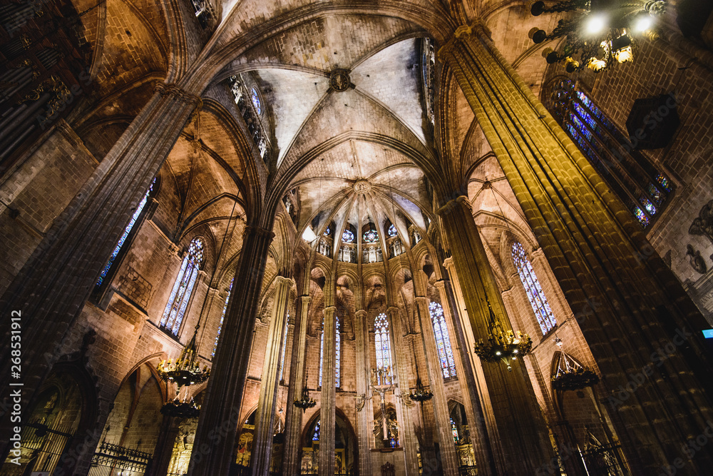 BARCELONA - MAY 10 2019: Interior of Cathedral of the Holy Cross and Saint Eulalia,  in Barcelona, Spain