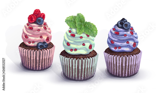 Set of vector cupcakes. A chocolate gentle wet biscuit with a colorful soft air cream cheese ,mint-flavored, with juicy fresh blueberry, raspberry pieces, mint. Colorful paper got wet from the cake