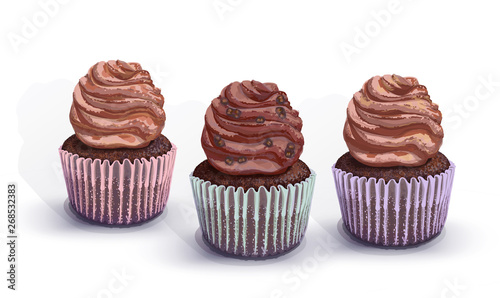Set of vector cupcakes. A crumbly, chocolate gentle wet biscuit muffin with a chocolate tender and soft air cream cheese with chocolate pieces. Colorful paper got wet from the juiciness of the cake