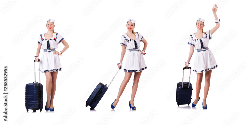 Woman travel attendant with suitcase on white Woman travel attendant with suitcase on white