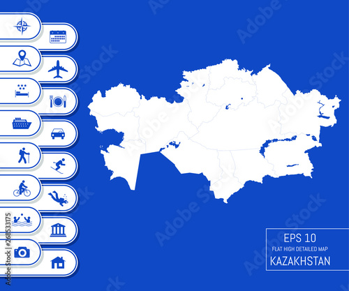 Flat high detailed Kazakhstan map. Divided into editable contours of administrative divisions. Vacation and travel icons. Template for your design works. Vector illustration.