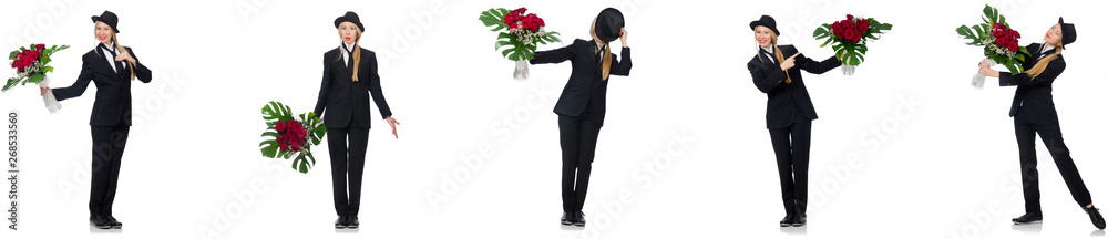 Businesswoman with bunch of flowers isolated on white Businesswoman with bunch of flowers isolated on white