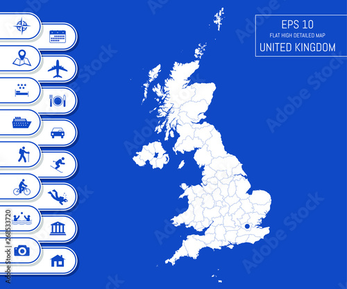 Flat high detailed United Kingdom map. Divided into editable contours of administrative divisions. Vacation and travel icons. Template for your design works. Vector illustration.
