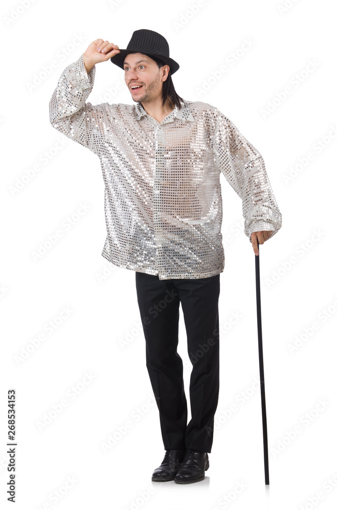 Performer in shiny costume isolated on white Performer in shiny costume isolated on white