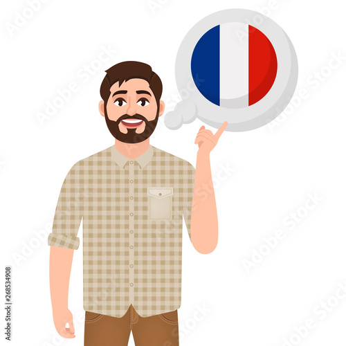 Happy bearded man talking or thinking about country France, European country icon, traveler or tourist vector illustration
