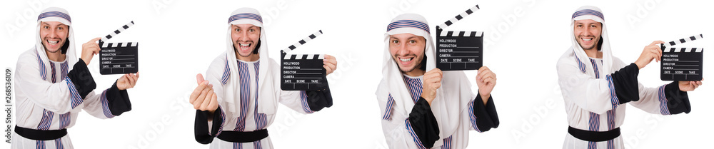 Arab man with clapper-board isolated on white Arab man with clapper-board isolated on white